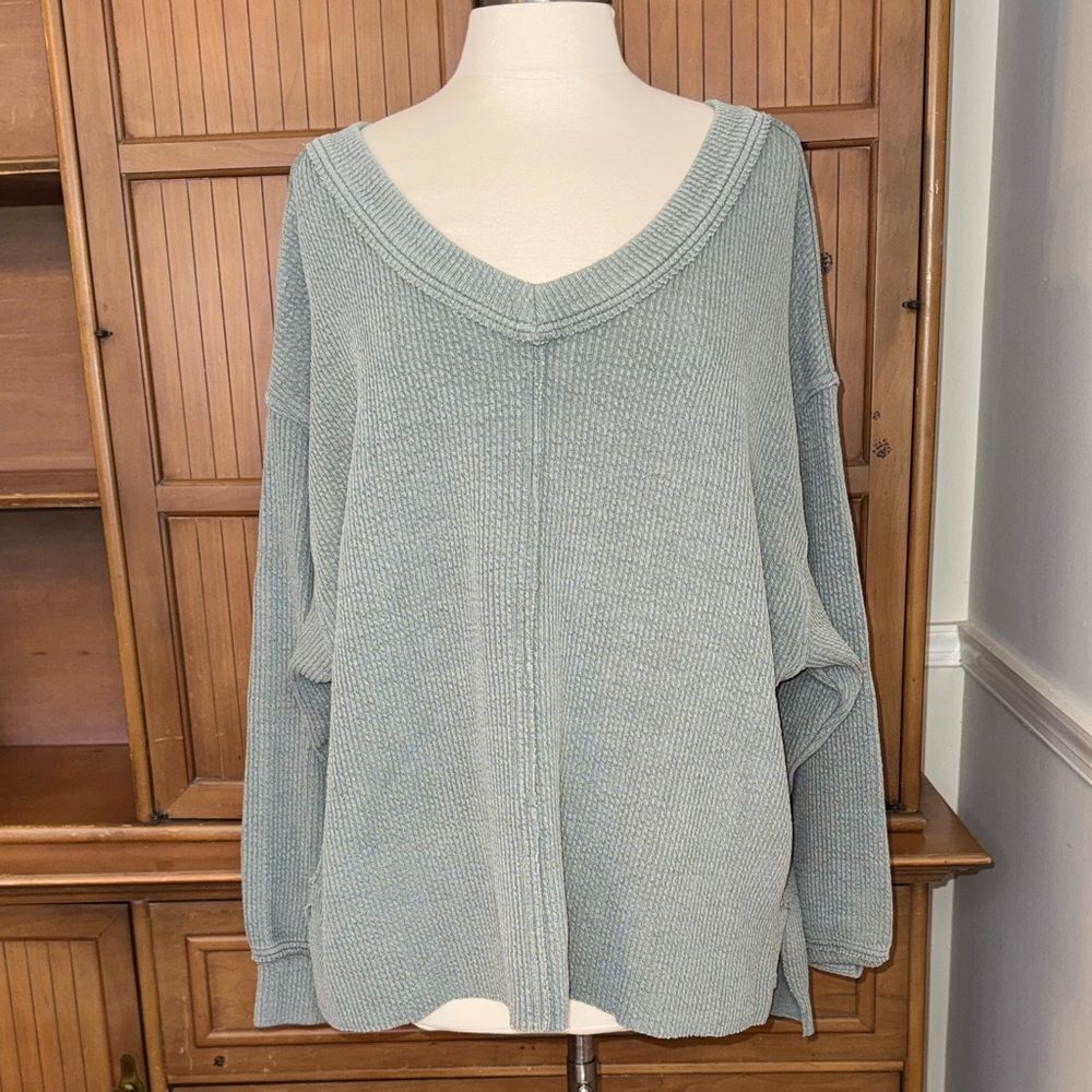 Aerie Double V Neck Ribbed Sweatshirt, Size Small